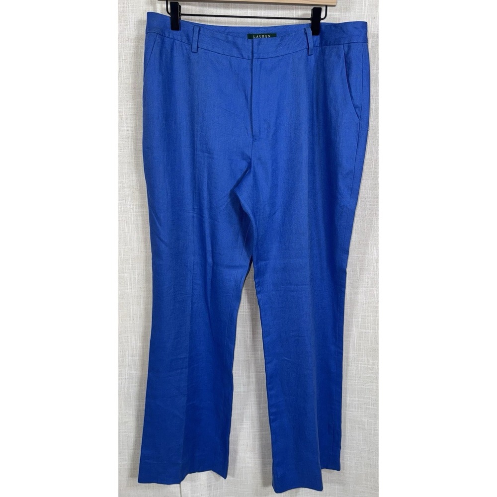 Ralph Lauren Pants Women's 14 Bright Blue Linen High Rise Trousers Wide‎ Leg